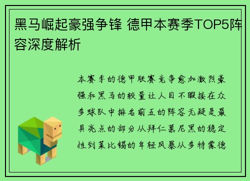 黑马崛起豪强争锋 德甲本赛季TOP5阵容深度解析