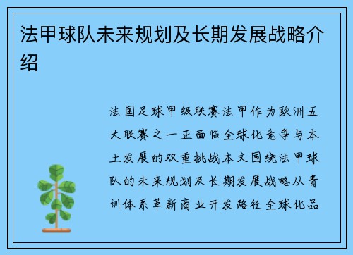 法甲球队未来规划及长期发展战略介绍